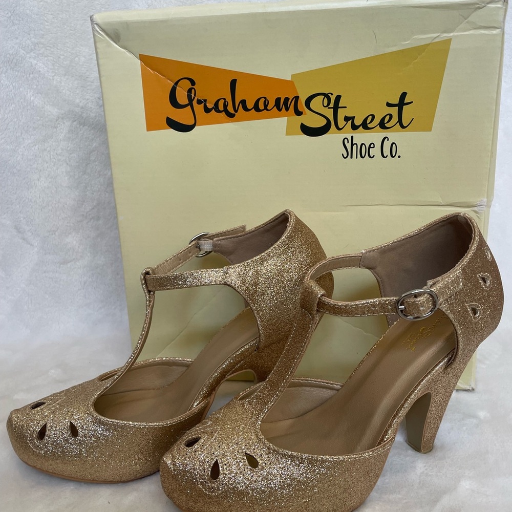 Gold Glitter T-Strap Heels